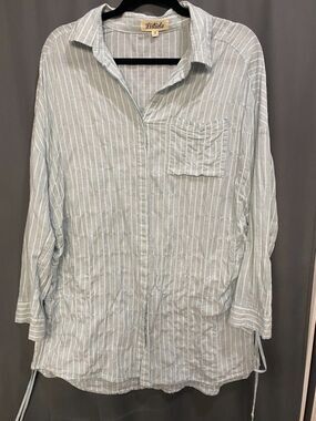 Listicle Top Shirt Women's Large Blue Striped Button Up Long Sleeve Collared B82